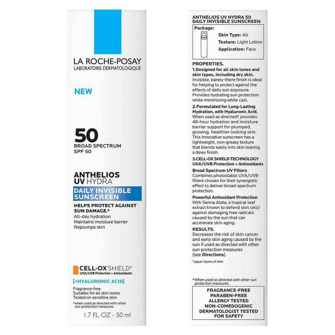 LA ROCHE-POSAY ANTHELIOS UV HYDRA HYDRATING FACE SUNSCREEN SPF 50 WITH HYALURONIC ACID